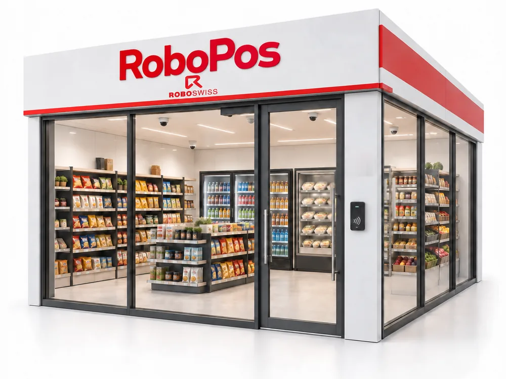 RoboPos store seen from outside: red and white fascia with the ROBOSWISS logotype, fully glazed frontage, stocked shelves, refrigerated cabinets and a contactless reader at the entrance